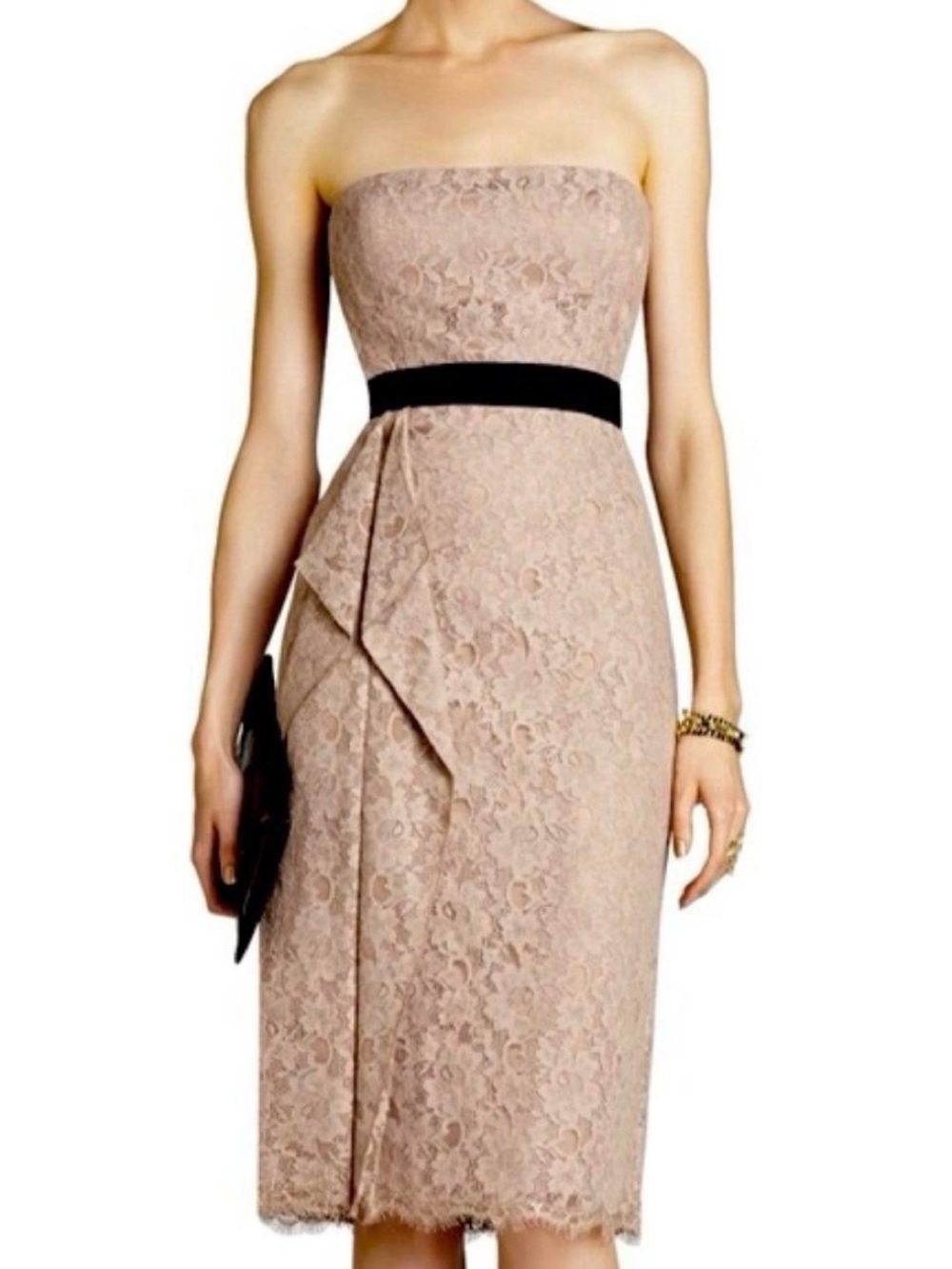 pink lace dress with black waistband and adjustable straps - BCBGMAXAZRIA
